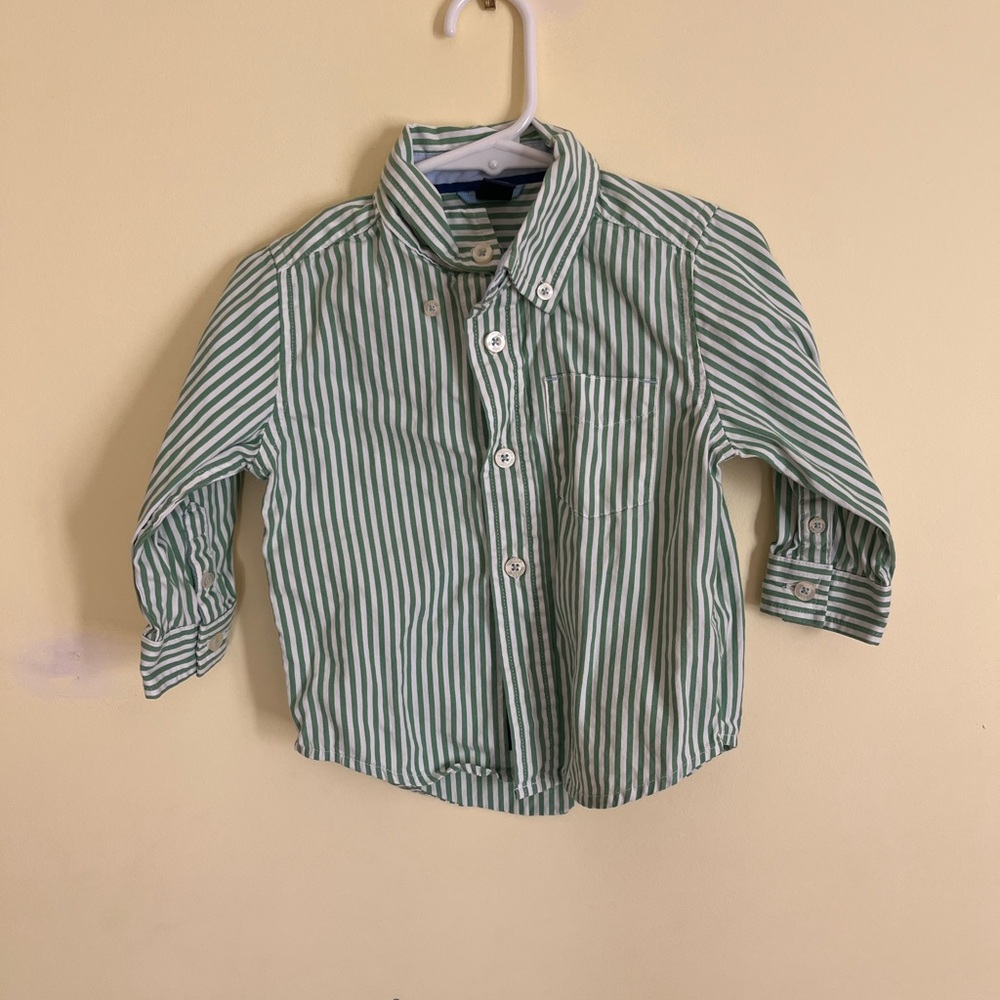 GAP Toddler Green and White Striped Button Down Shirt